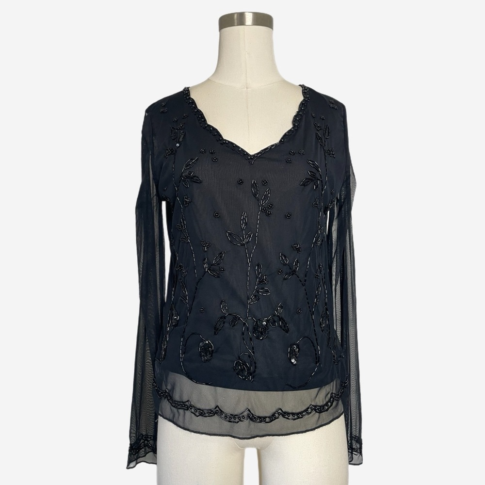 Emma James by Liz Claiborne Black mesh sheer floral beaded top dark fairy M